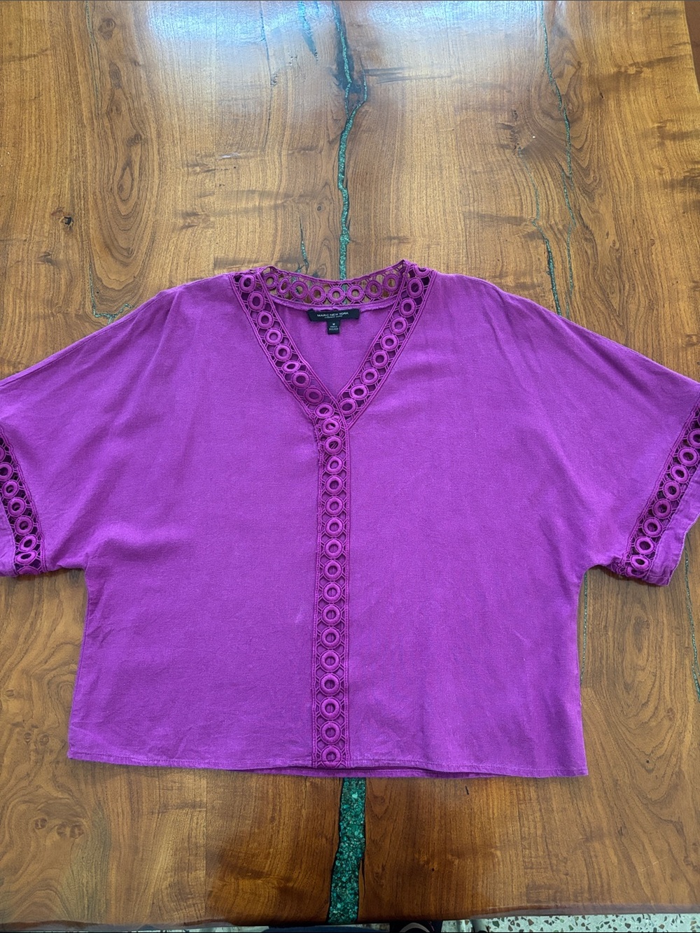 Magenta Eyelet-Trim V-Neck Women's Top- Marc New York
